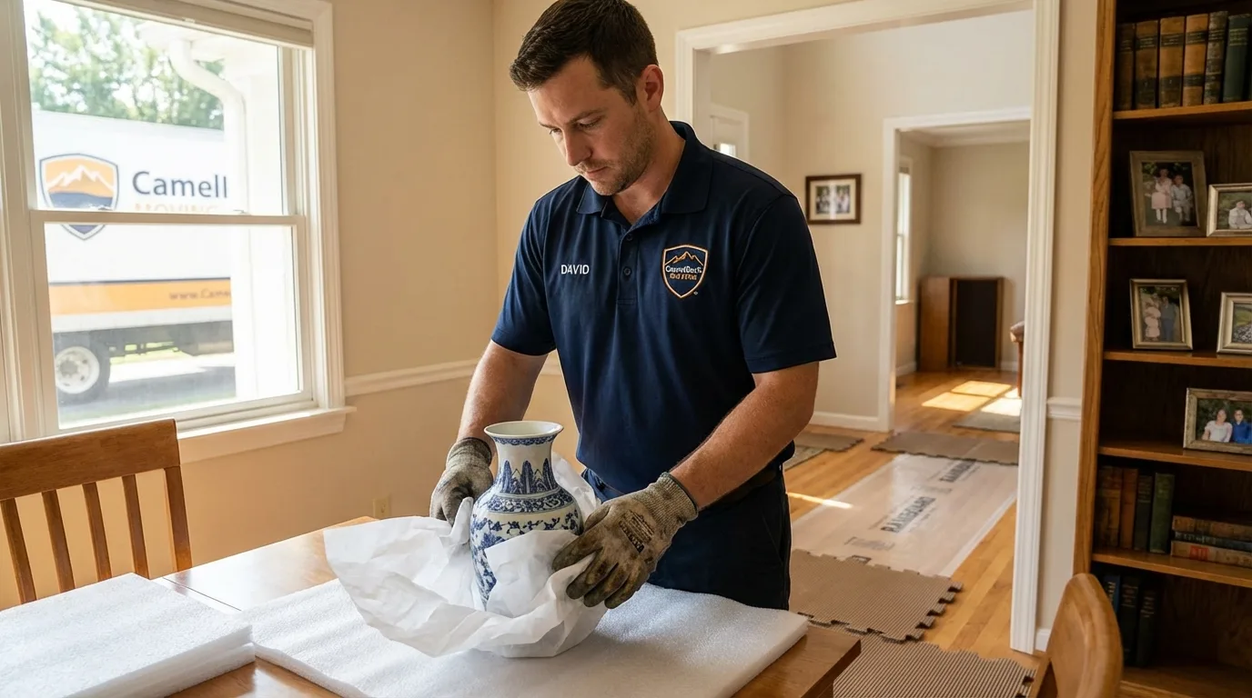 Professional crew carefully wrapping antique vase for senior downsizing move in Beattyville, KY
